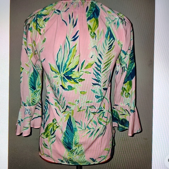 Lilly Pulitzer Willa Flounce Bell Sleeve V-tie- Neck Top In Pink Women's Size S - Picture 4 of 6